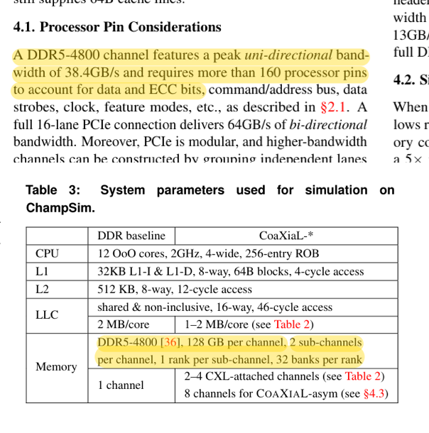 Cho et al., Section 4.1 and Table 3: 38.4 GB/s per DDR5-4800 channel and two sub-channels per channel