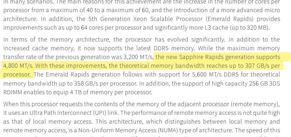 Screenshot of the FSAS server memory white paper reporting DDR5-4800 bandwidth characteristics
