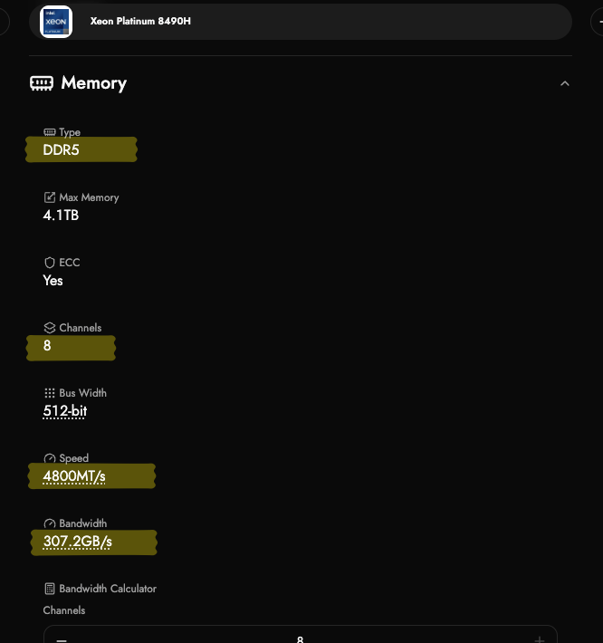 Screenshot of the HMC page about Intel Xeon Platinum 8490H specs