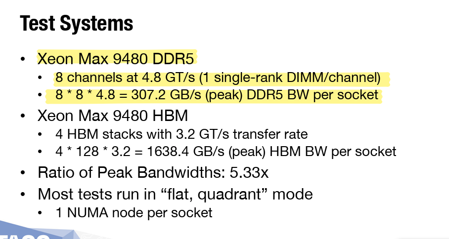 McCalpin workshop slide calculating 8 × 8 × 4.8 = 307.2 GB/s peak DDR5 bandwidth per socket