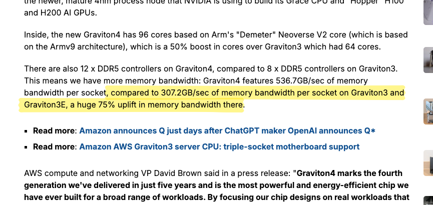 Screenshot of the TweakTown article about AWS Graviton4 announcement