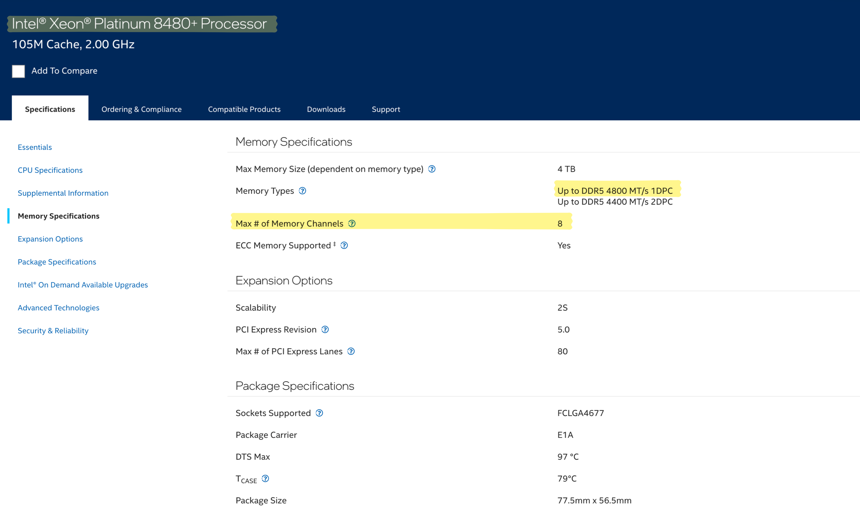 Screenshot of Intel Xeon 8480+ Processor product page